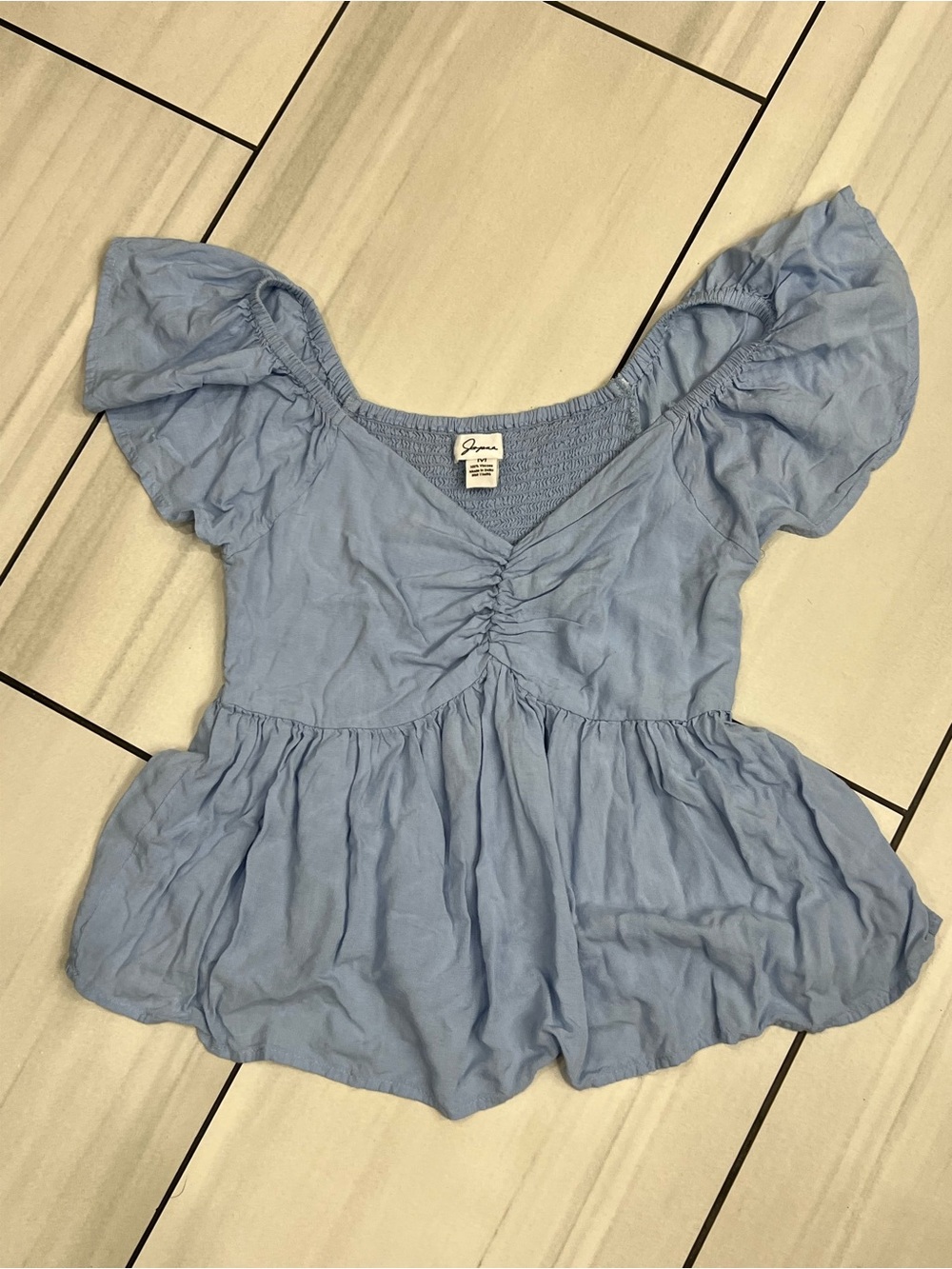Japna Flutter Sleeves Poplin Smocked Babydoll Top Blue 100% Viscose Size M